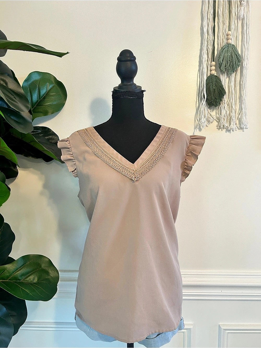 V-Neck Ruffle Sleeve Blouse in Taupe